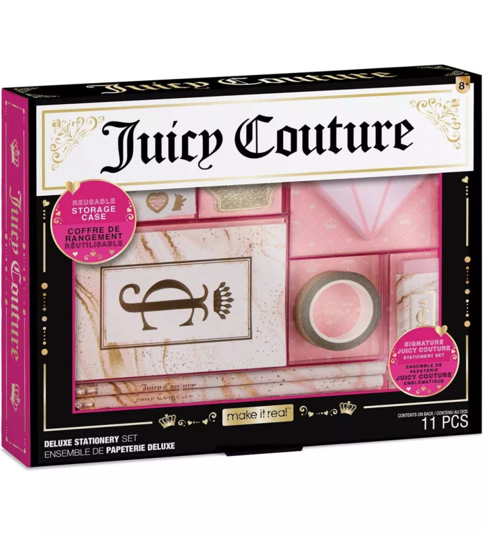 Juicy Couture Deluxe Stationery Set írószerkészlet rózsaszín és arany színekben, ceruzákkal, füzetekkel, radírral és aranyszínű dekortapasszal.