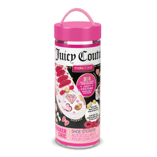 Juicy Couture Sticker Chic cipőmatrica készlet rózsaszín tetővel ellátott hengeres dobozban, 336 darab levehető matricával és kiegészítőkkel.