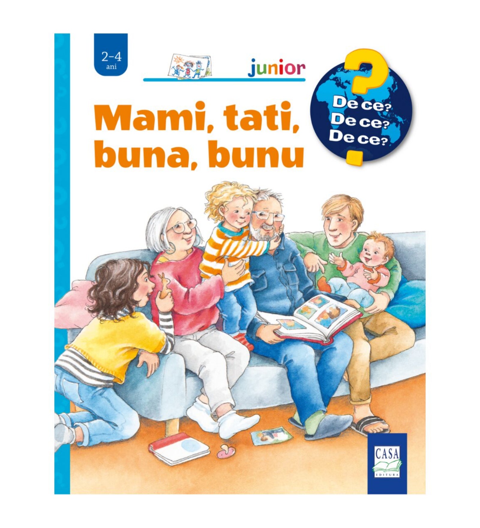 „Mami, tati, buna, bunu” gyerekkönyv borítója, amelyen egy család ül együtt a kanapén, gyerekek és nagyszülők közösen nézegetnek egy képeskönyvet.
