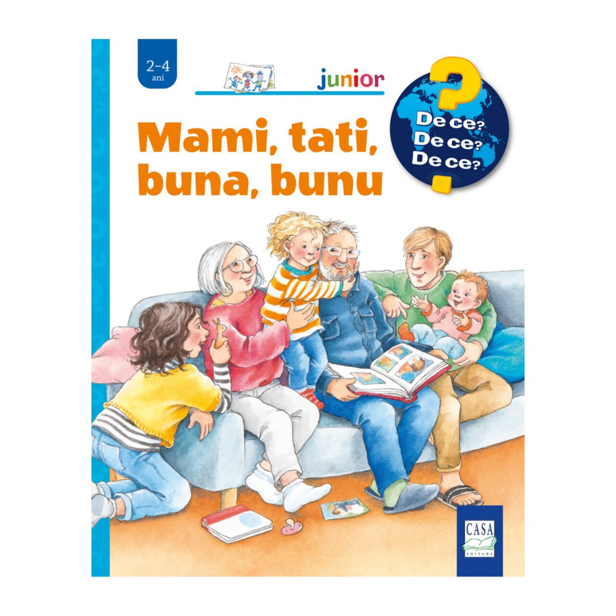 „Mami, tati, buna, bunu” gyerekkönyv borítója, amelyen egy család ül együtt a kanapén, gyerekek és nagyszülők közösen nézegetnek egy képeskönyvet.