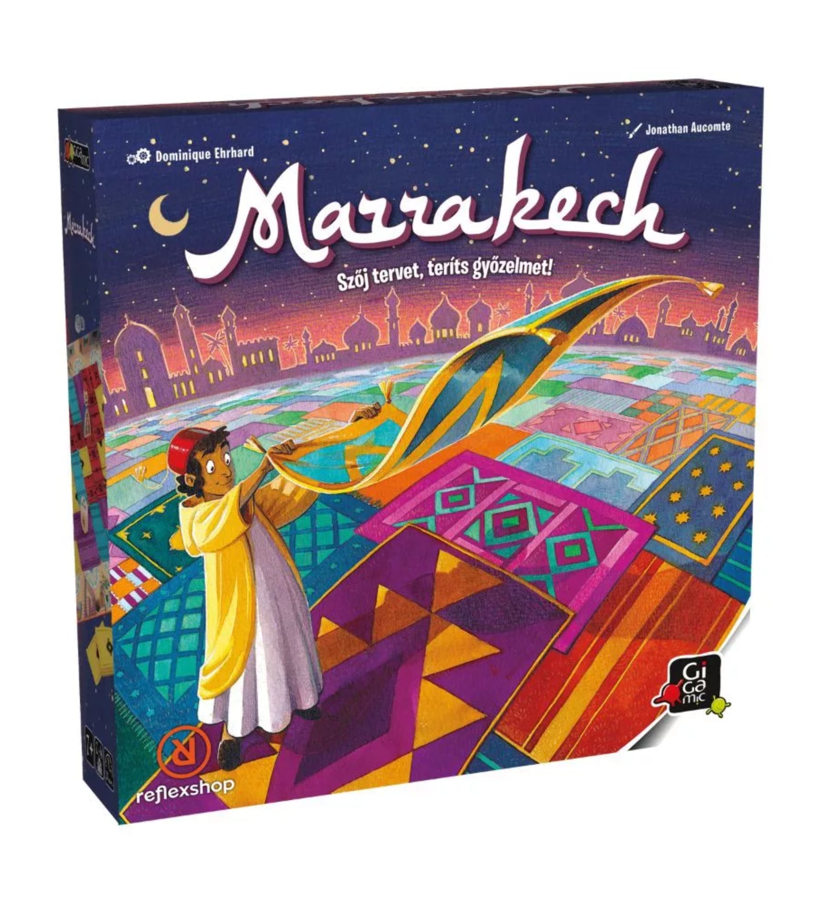 Marrakech társasjáték doboza perspektívából, a borítón szőnyegkereskedő és színes marokkói szőnyegek illusztrációjával.