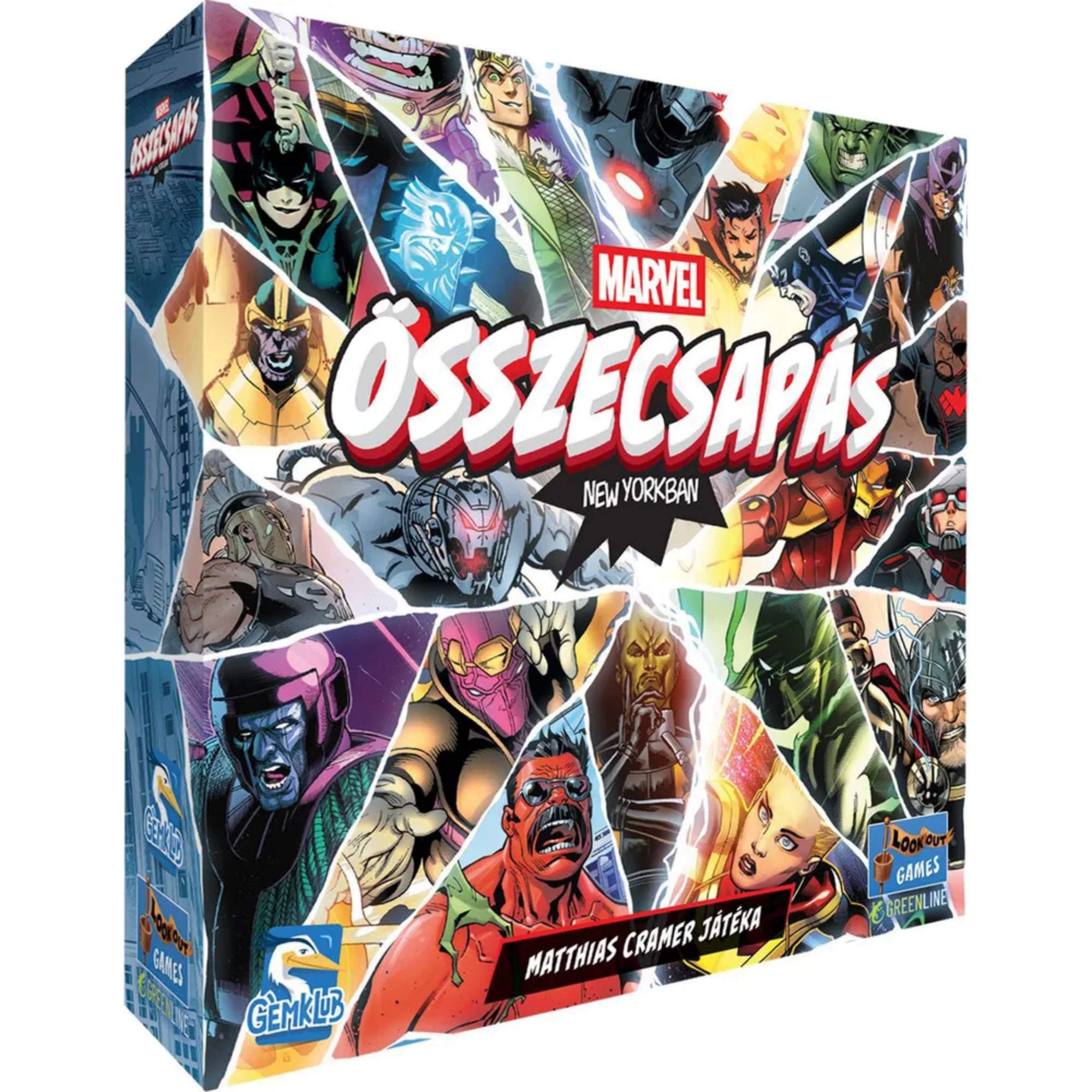 A Marvel Összecsapás: New Yorkban társasjáték doboza, dinamikus képregényes borítóval, amelyen a Marvel univerzum hősei és gonoszai láthatók.