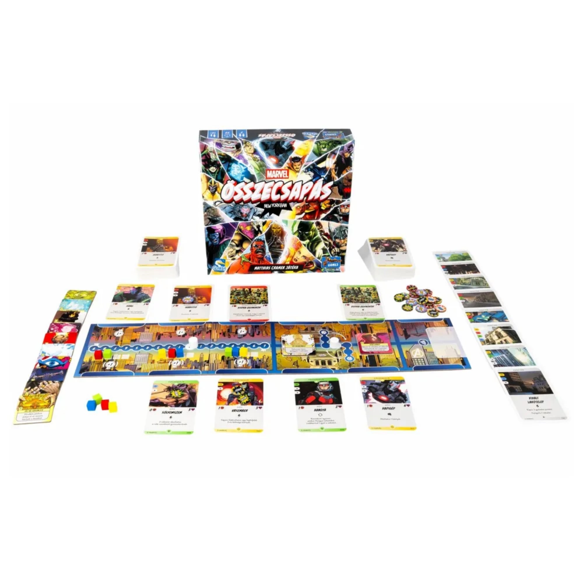 A Marvel: Összecsapás New Yorkban társasjáték teljes tartalma, doboz, játéktábla, hőskártyák, jelölők és kártyapaklik kiterítve.