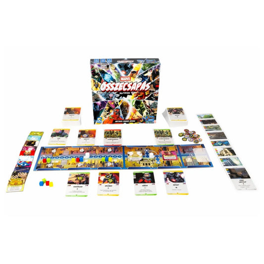 A Marvel: Összecsapás New Yorkban társasjáték teljes tartalma, doboz, játéktábla, hőskártyák, jelölők és kártyapaklik kiterítve.