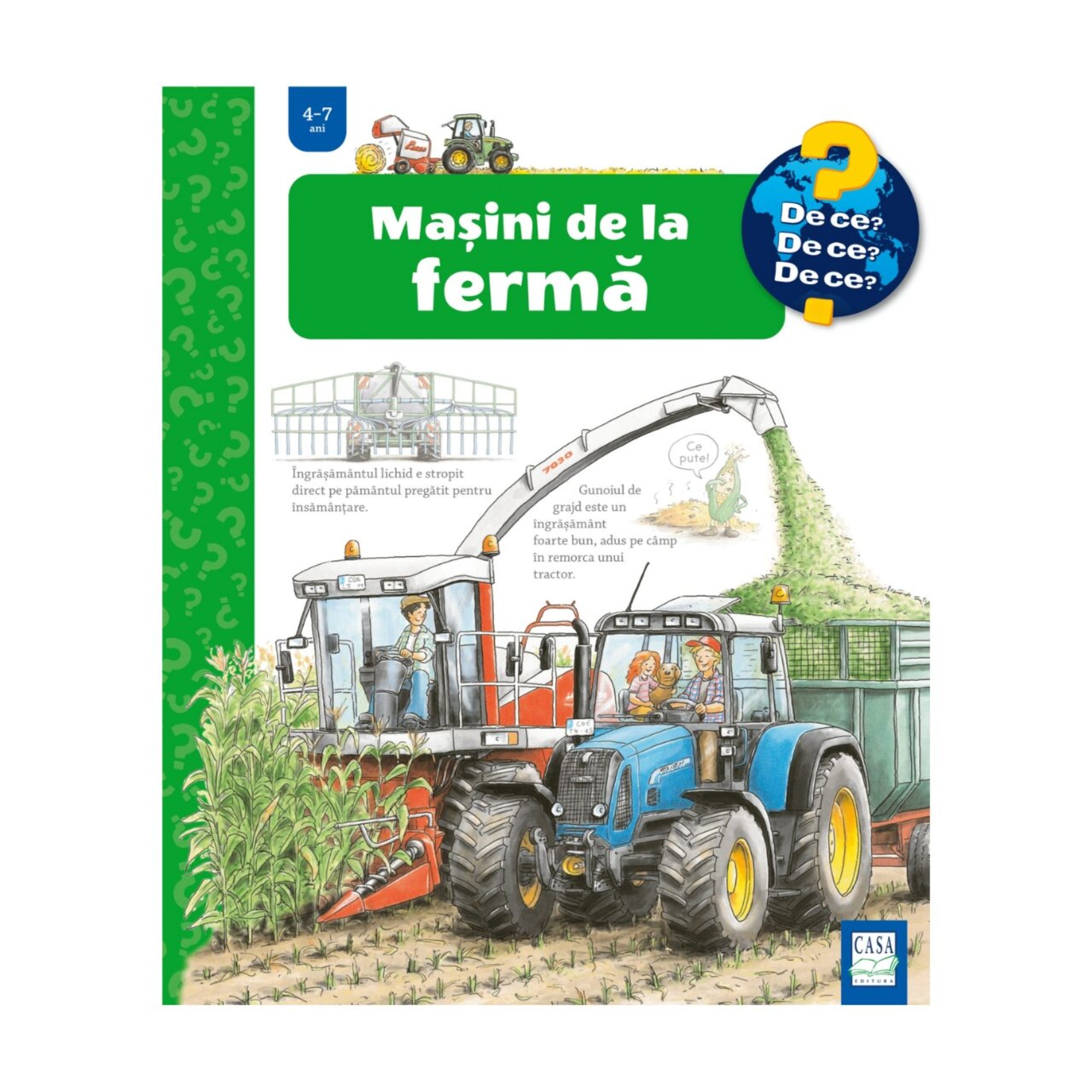 Mașini de la fermă – gyerekkönyv borító, amelyen egy kék traktor és egy nagy betakarítógép dolgozik a kukoricaföldön, pótkocsiba öntve a termést.