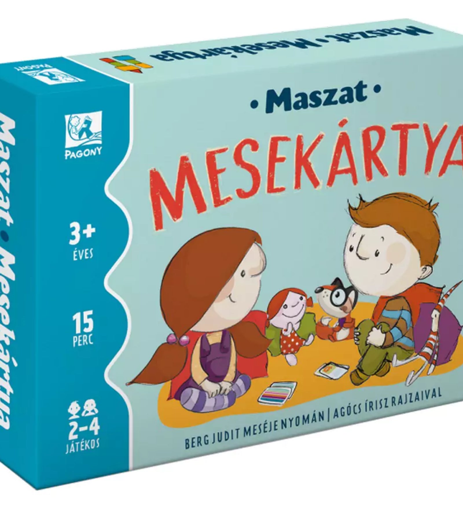 A Maszat Mesekártya társasjáték doboza közelről. Kék színű borítón Maszat és Hóchóc ülnek egymással szemben, körülöttük mesefigurák. A dobozon látható: 3+ éveseknek, 2–4 játékos, 15 perces játékidő.