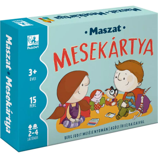 A Maszat Mesekártya társasjáték doboza közelről. Kék színű borítón Maszat és Hóchóc ülnek egymással szemben, körülöttük mesefigurák. A dobozon látható: 3+ éveseknek, 2–4 játékos, 15 perces játékidő.