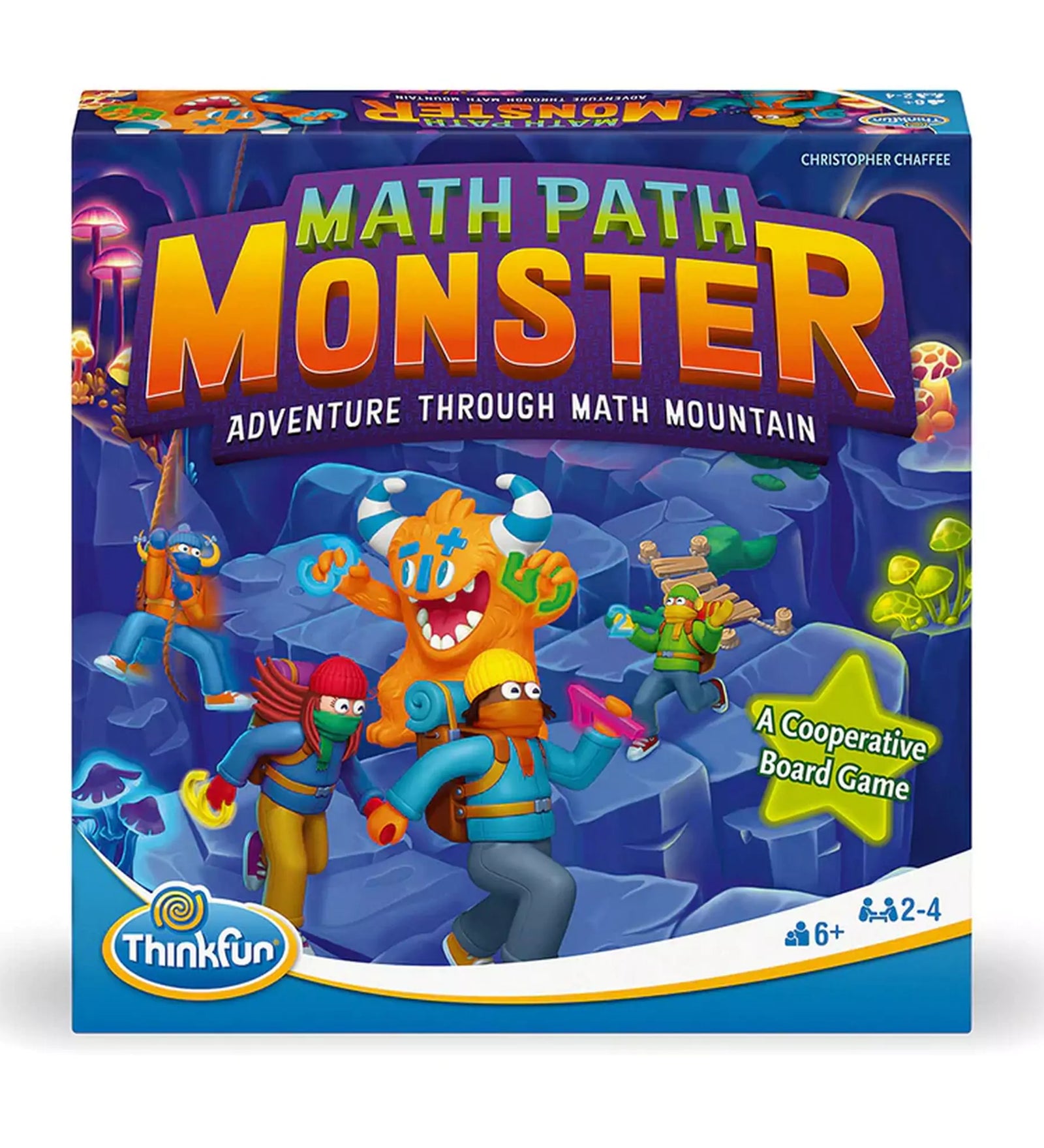  A Math Path Monster társasjáték dobozának előlapja, amely egy izgalmas matematikai kalandot ábrázol. A borítón felfedezők menekülnek egy barlangszerű környezetben a vidám, de fenyegető Math Monster elől. A játék neve nagy, színes betűkkel látható, valamint a korosztályi ajánlás (6+) és a játékosok száma (2-4).