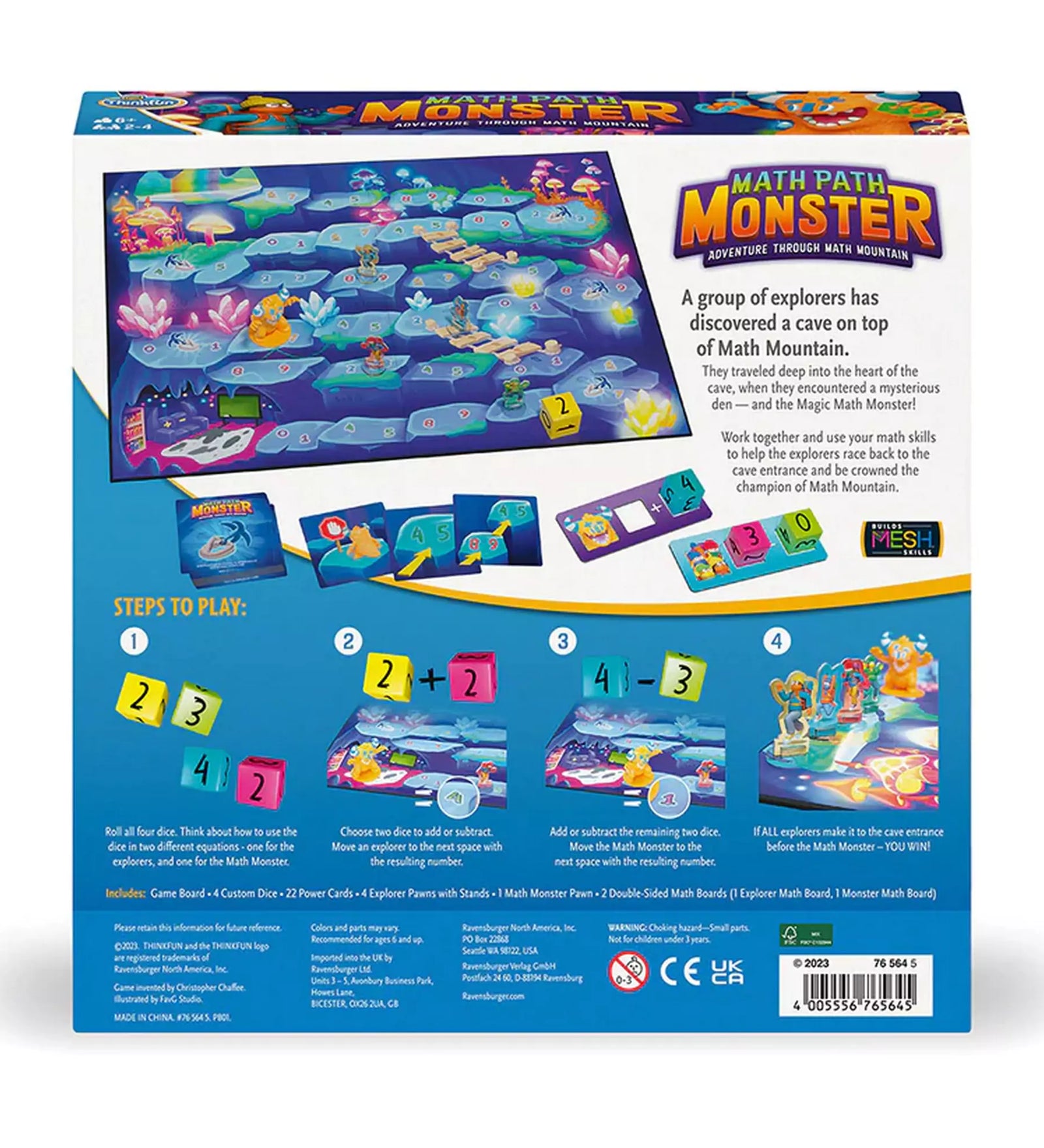 A Math Path Monster társasjáték dobozának hátoldala, amely a játéktábla, kártyák és játékszabályok bemutatását tartalmazza. A szöveg leírja a játékmenetet, amelyben a játékosok matematikai műveletek segítségével mozgatják bábukat a barlang bejárata felé, miközben a Math Monster is halad előre