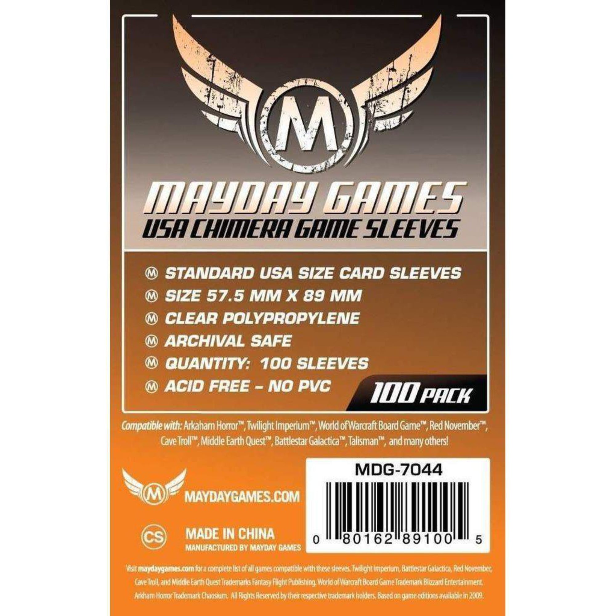 Mayday Games USA Chimera Game Sleeves (57,5x89 mm) – 100 db standard USA méretű kártyavédő csomagolás, átlátszó polipropilén anyagból, savmentes és PVC-mentes kivitelben, 100 darabos kiszerelésben.
