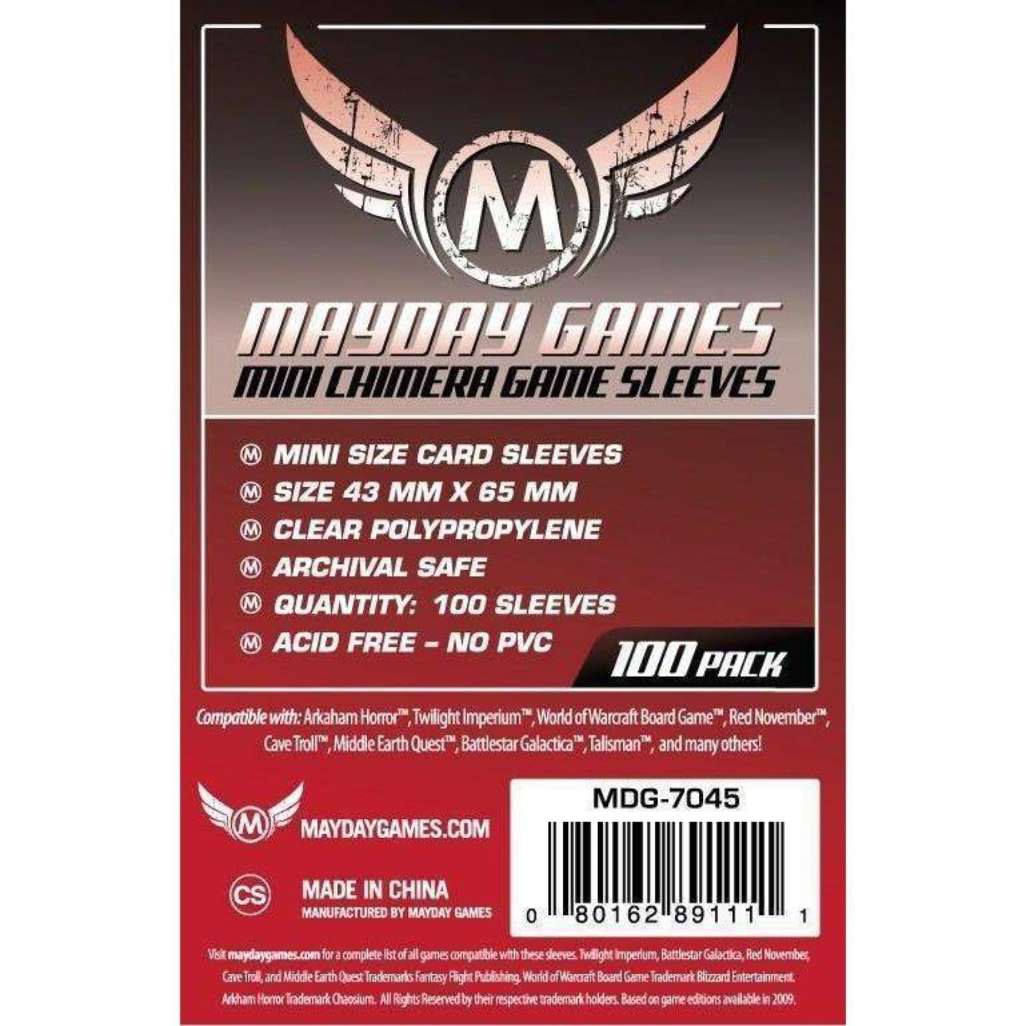 Mayday Games Mini Chimera Game Sleeves (43x65 mm) – 100 db mini méretű kártyavédő csomagolás, átlátszó polipropilén anyagból, savmentes és PVC-mentes kivitelben, 100 darabos kiszerelésben.