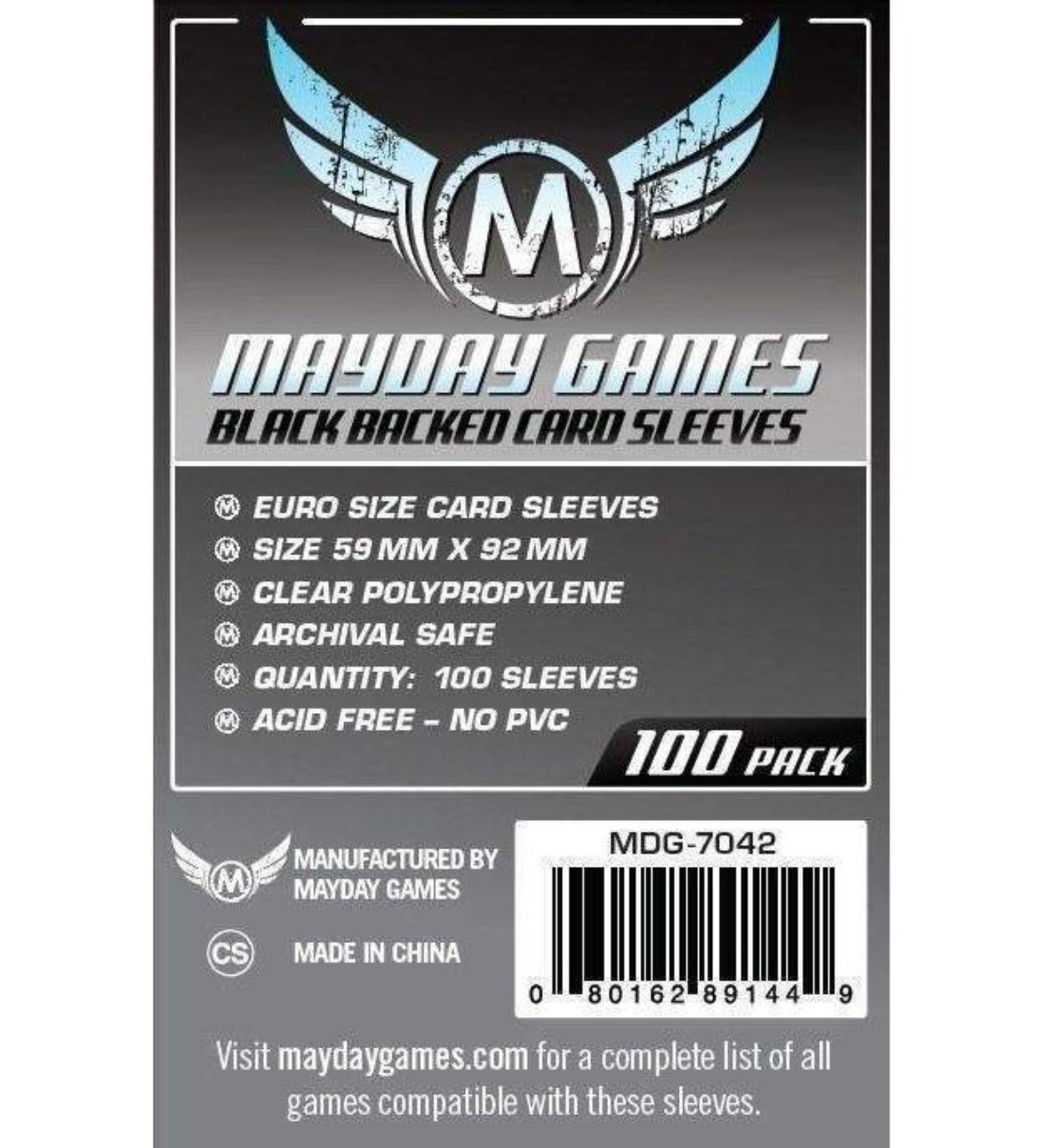 Mayday Games Black Backed Euro Size Card Sleeves (59x92 mm) – 100 db fekete hátoldalú kártyavédő csomagolás, átlátszó polipropilén előlappal, savmentes és PVC-mentes kivitelben, 100 darabos kiszerelésben euro méretű lapokhoz.