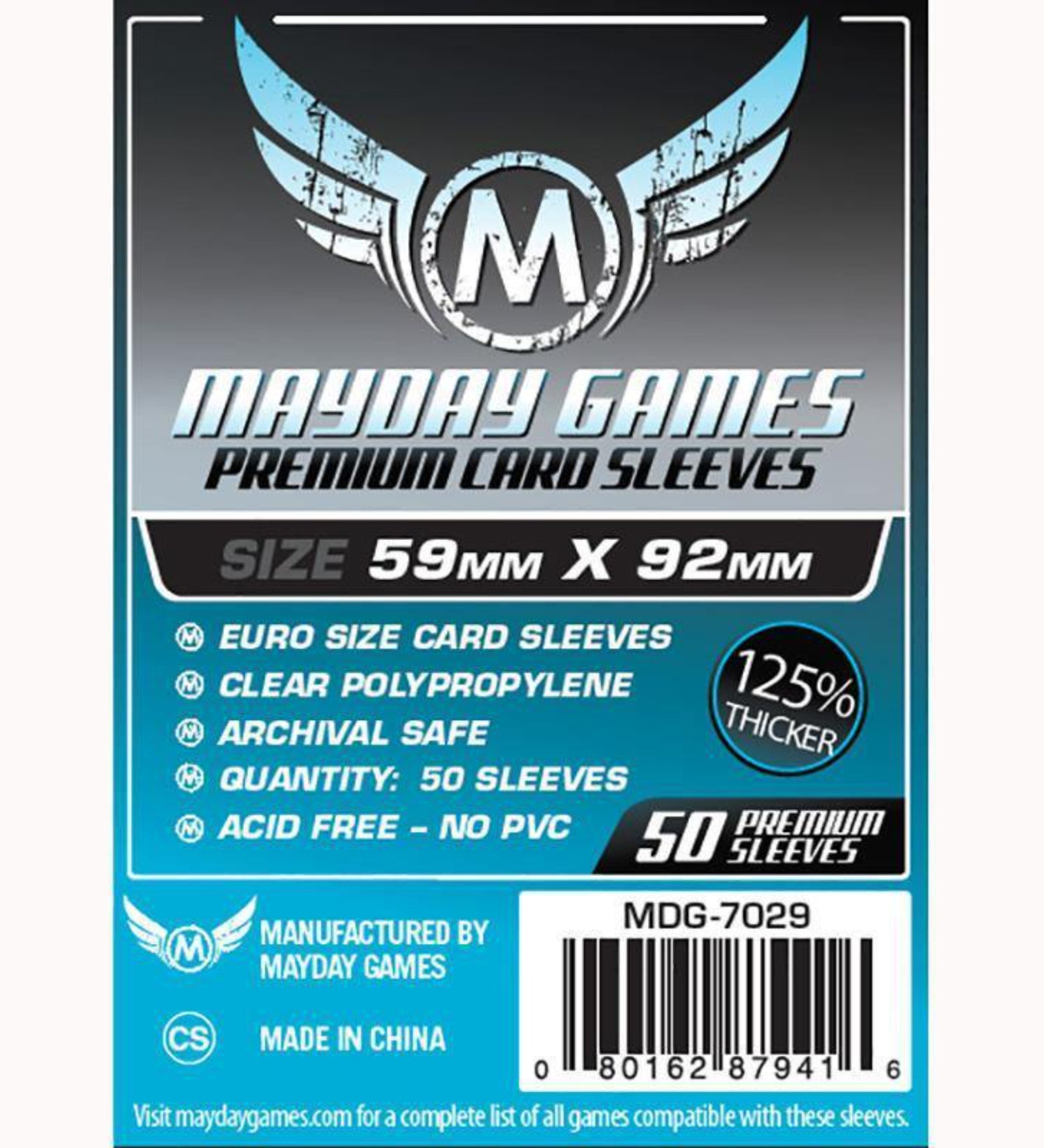 Mayday Games Premium Euro 59x92 mm kártyavédő (50 db) – 125%-kal vastagabb, átlátszó, savmentes és PVC-mentes prémium tasak euro méretű társasjáték kártyákhoz.