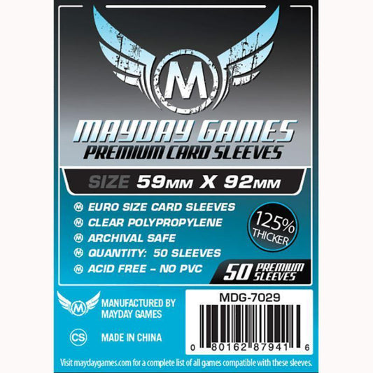Mayday Games Premium Euro 59x92 mm kártyavédő (50 db) – 125%-kal vastagabb, átlátszó, savmentes és PVC-mentes prémium tasak euro méretű társasjáték kártyákhoz.