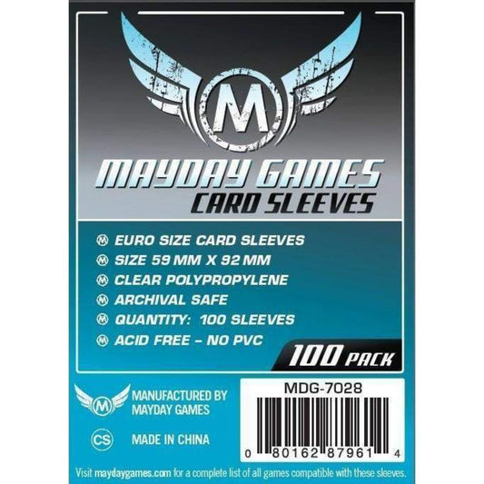 Mayday Games Euro 59x92 mm kártyavédő (100 db) – átlátszó, savmentes, PVC-mentes euro méretű tasak társasjáték kártyák védelmére.