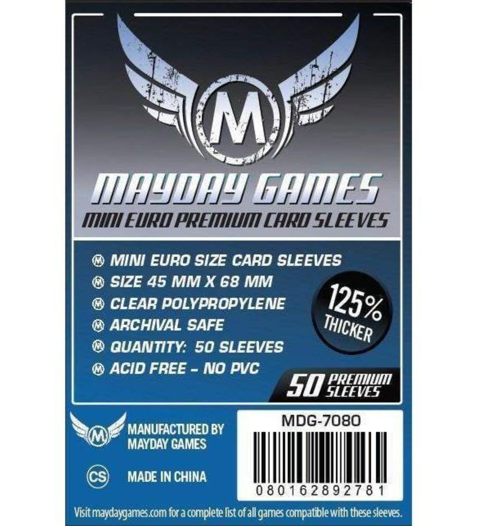 Mayday Games Mini Euro Premium Card Sleeves (45x68 mm) – 50 db prémium, 125%-kal vastagabb mini euro méretű kártyavédő csomagolás, átlátszó polipropilén anyagból, savmentes és PVC-mentes kivitelben.