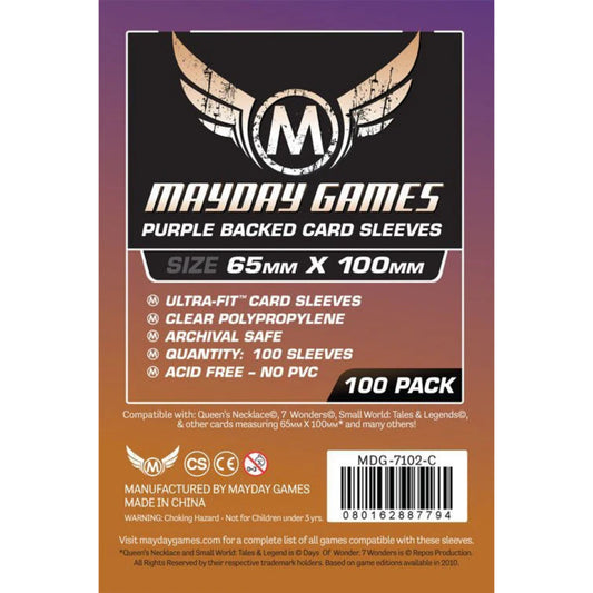 Mayday Games Purple Backed Card Sleeves (65x100 mm) – 100 db lila hátoldalú, Ultra-Fit kártyavédő csomag, átlátszó polipropilén előlappal, savmentes és PVC-mentes kivitelben, 100 darabos kiszerelésben.