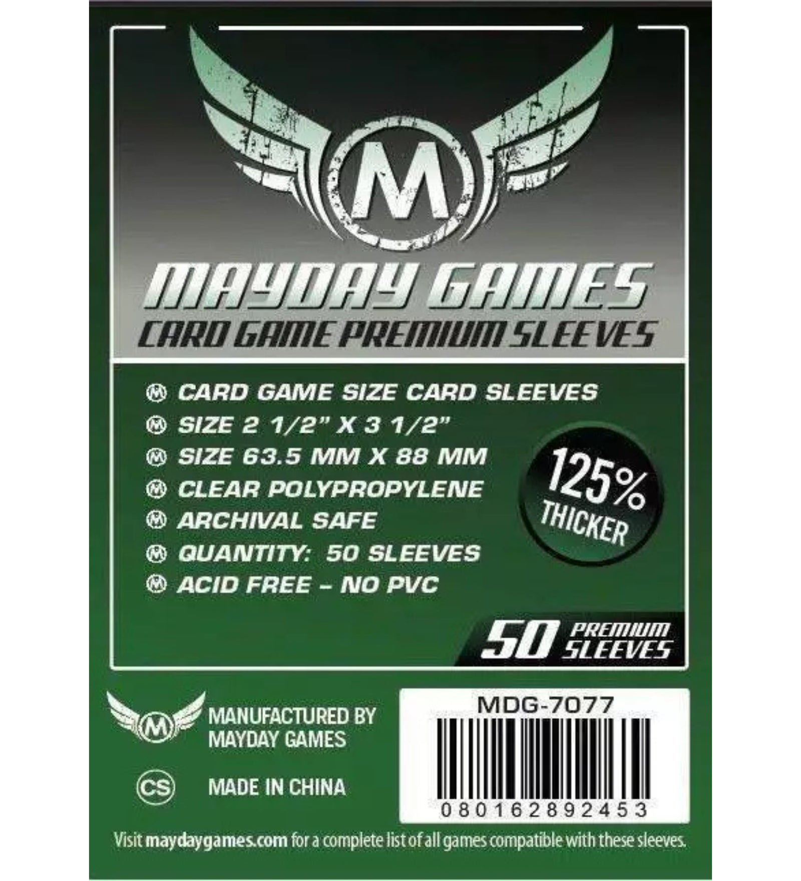 Mayday Games Card Game Premium Sleeves (63,5x88 mm) – 50 db 125%-kal vastagabb prémium kártyavédő csomagolás, standard kártyajáték mérethez, átlátszó polipropilén, savmentes és PVC-mentes kivitelben.