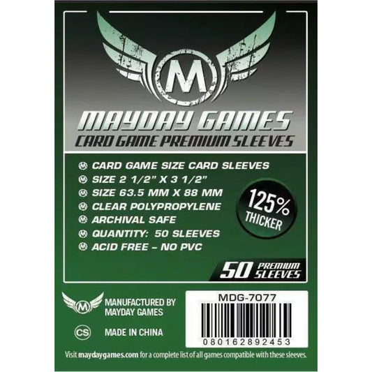 Mayday Games Card Game Premium Sleeves (63,5x88 mm) – 50 db 125%-kal vastagabb prémium kártyavédő csomagolás, standard kártyajáték mérethez, átlátszó polipropilén, savmentes és PVC-mentes kivitelben.