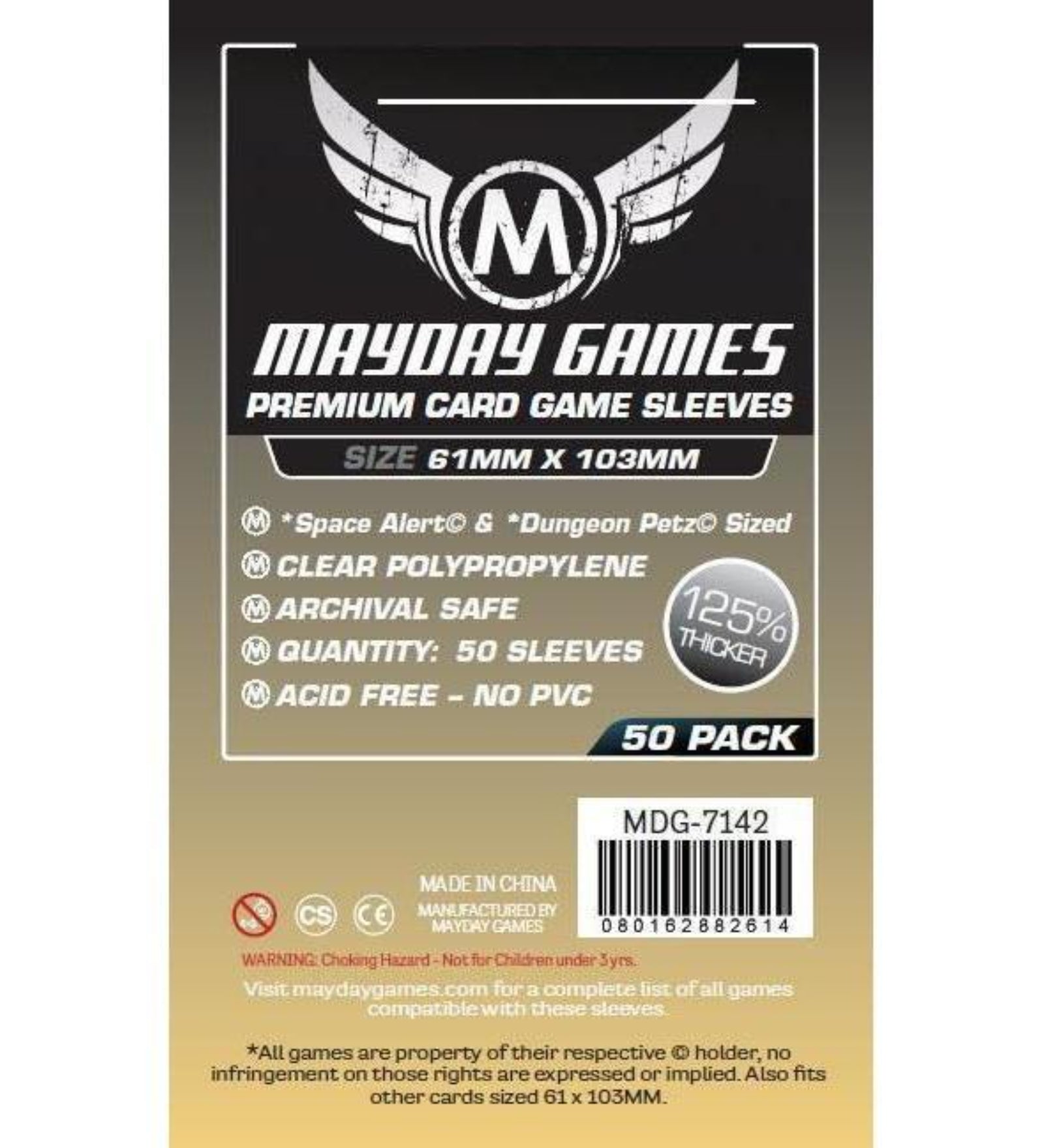 Mayday Games Premium Card Game Sleeves – Space Alert & Dungeon Petz (61x103 mm) – 50 db 125%-kal vastagabb prémium kártyavédő csomagolás, átlátszó polipropilén, savmentes és PVC-mentes kivitelben.