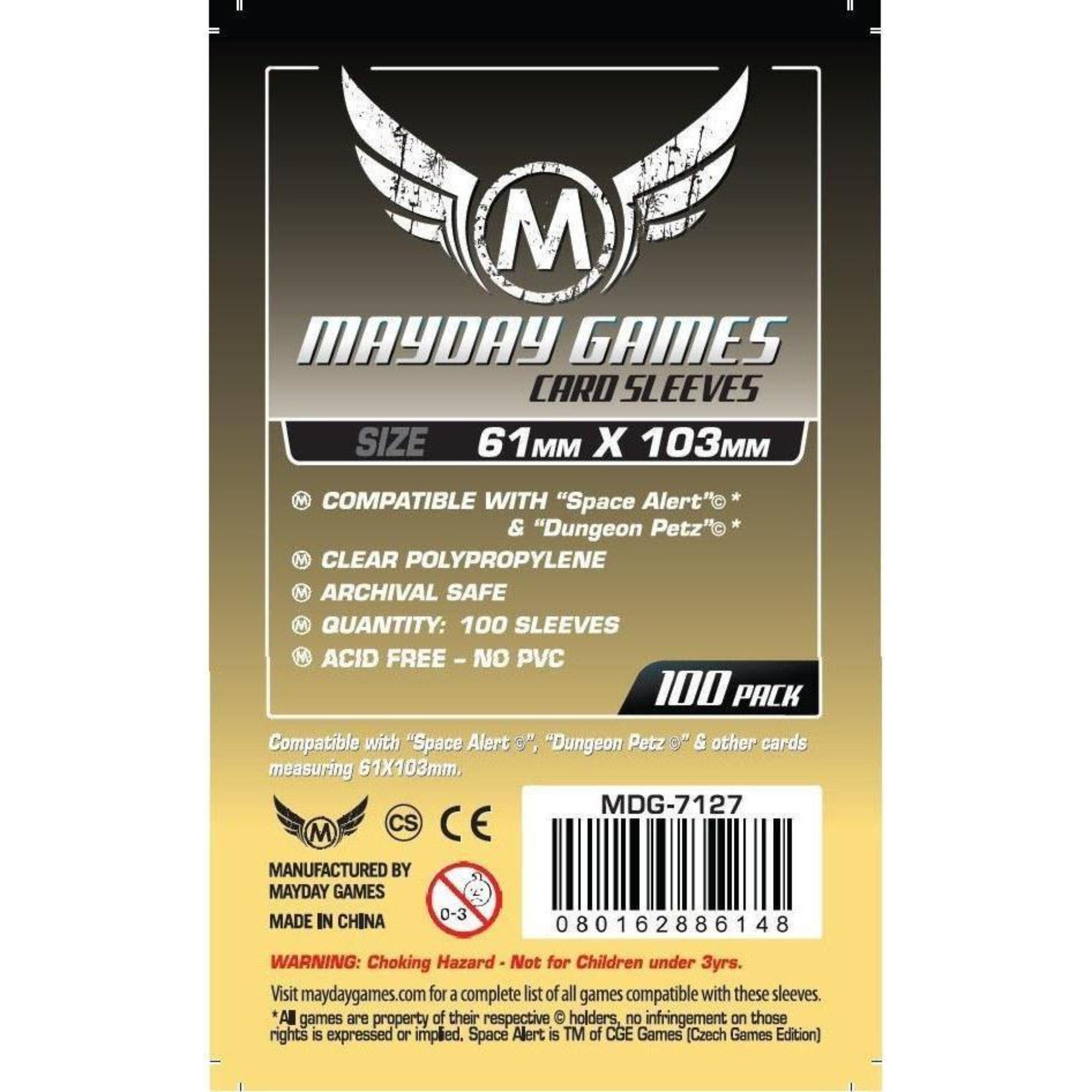 Mayday Games Card Sleeves – Space Alert & Dungeon Petz (61x103 mm) – 100 db kártyavédő csomagolás, átlátszó polipropilén anyagból, savmentes és PVC-mentes kivitelben, 100 darabos kiszerelésben.