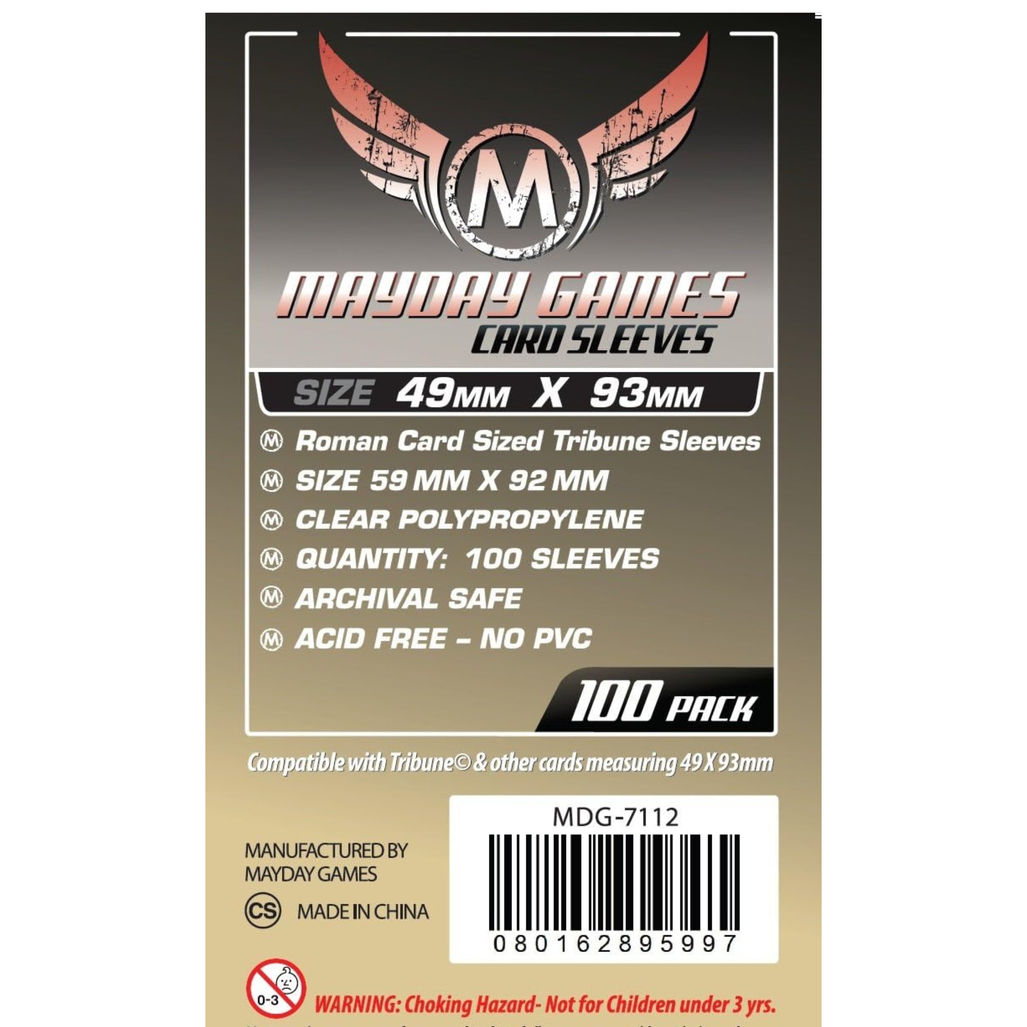 Mayday Standard kártyavédő 100 db 49x93 mm csomagolás hátoldala, bézs-fekete dizájnnal, Roman Card Sized Tribune méretjelöléssel és termékinformációkkal.