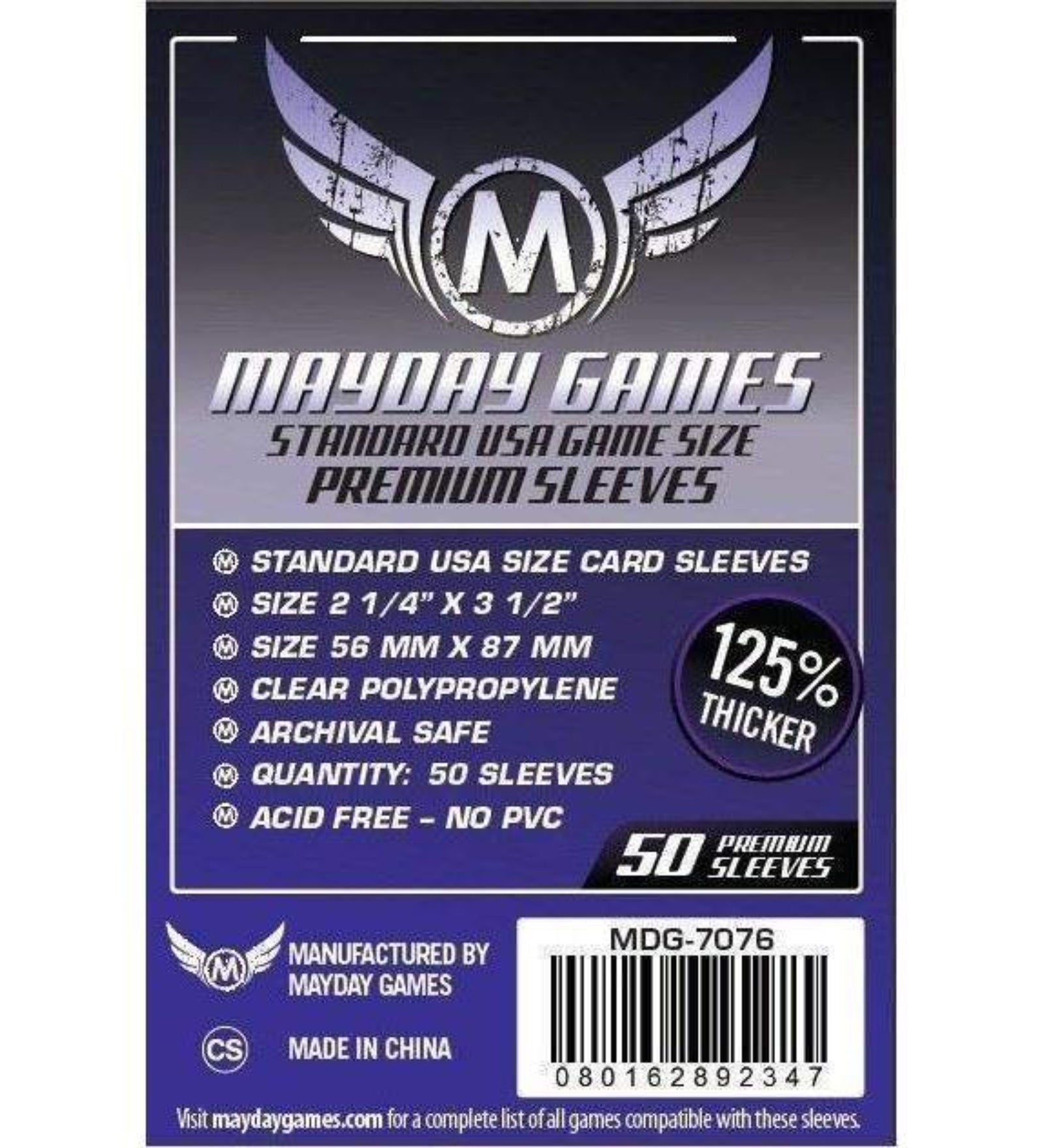 Mayday Games Standard USA Game Size Premium Sleeves (56x87 mm) – 50 db prémium, 125%-kal vastagabb standard USA méretű kártyavédő csomagolás, átlátszó polipropilén, savmentes és PVC-mentes kivitelben.