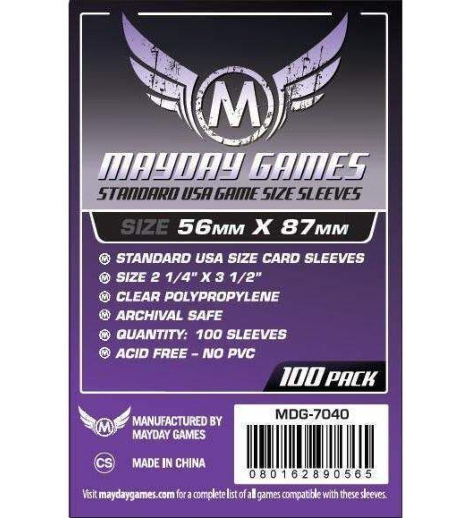 Mayday Games Standard USA Game Size Sleeves (56x87 mm) – 100 db kártyavédő csomagolás, átlátszó polipropilén, savmentes és PVC-mentes standard USA méretű védőtasakokkal, 100 pack kiszerelésben.