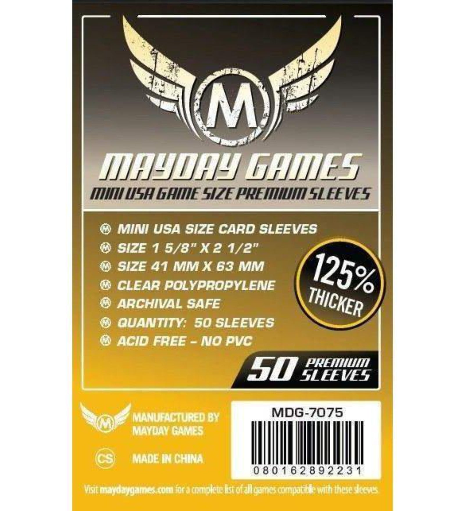 Mayday Games Mini USA Game Size Premium Sleeves (41x63 mm) – 50 db prémium minőségű kártyavédő csomagolás, 125%-kal vastagabb, átlátszó polipropilén, savmentes és PVC-mentes kivitelben, mini USA méretű lapokhoz.