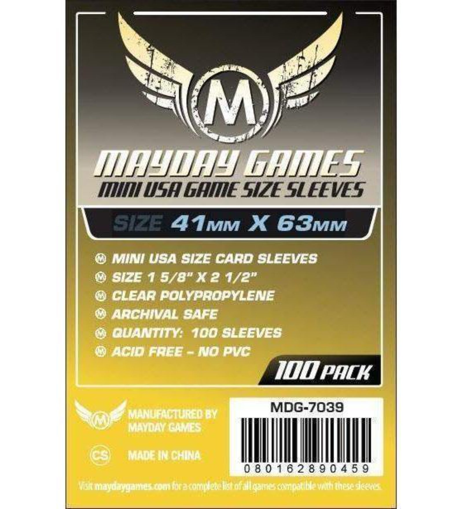 Mayday Games Mini USA Game Size Sleeves (41x63 mm) – 100 db mini USA méretű kártyavédő csomagolás, átlátszó polipropilén anyagból, savmentes és PVC-mentes kivitelben, 100 darabos kiszerelésben.
