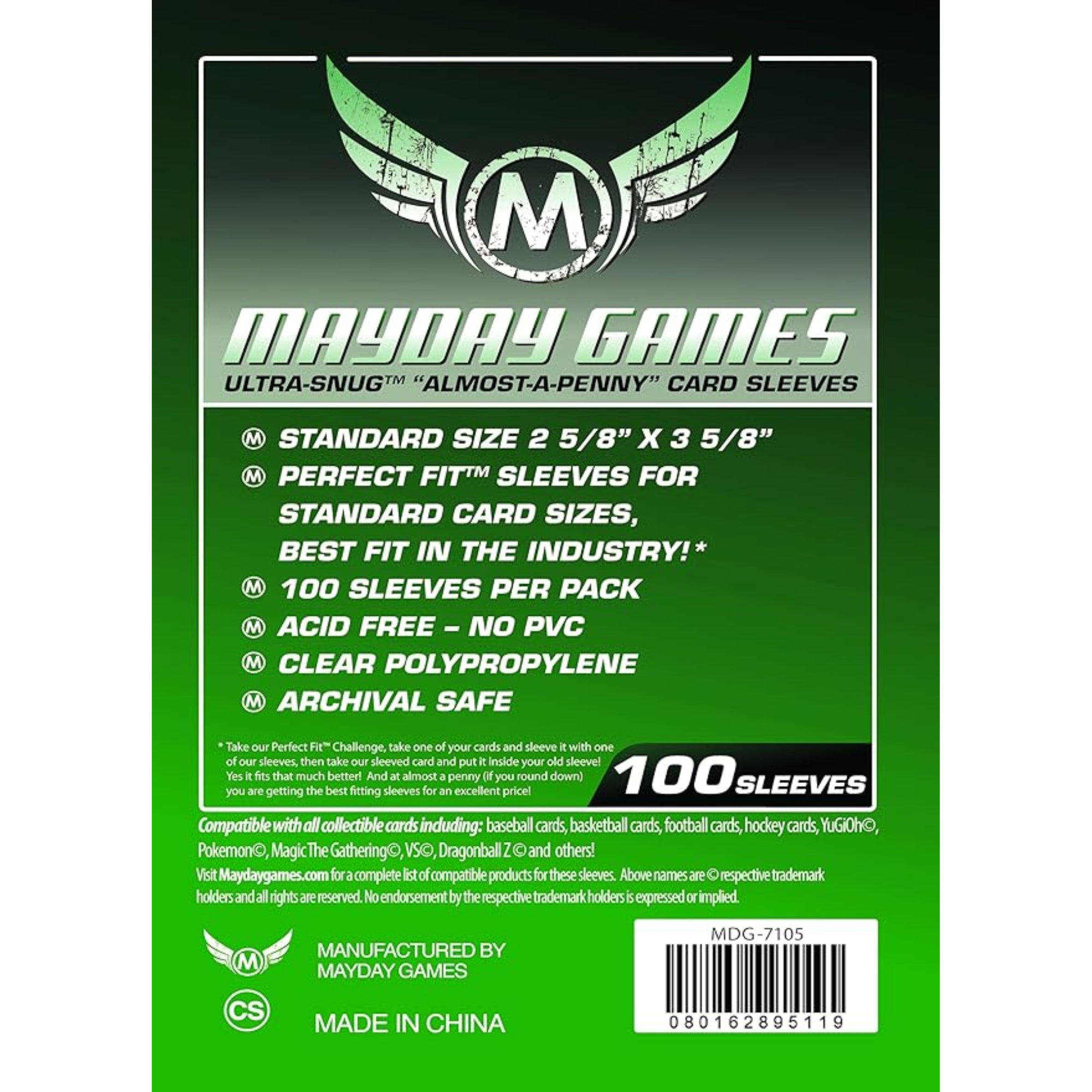 Mayday Games Ultra-Snug Almost-a-Penny 100 sleeves standard 2 5/8 x 3 5/8 inch kártyavédő csomagolás hátoldala, zöld dizájnnal és részletes termékinformációkkal.