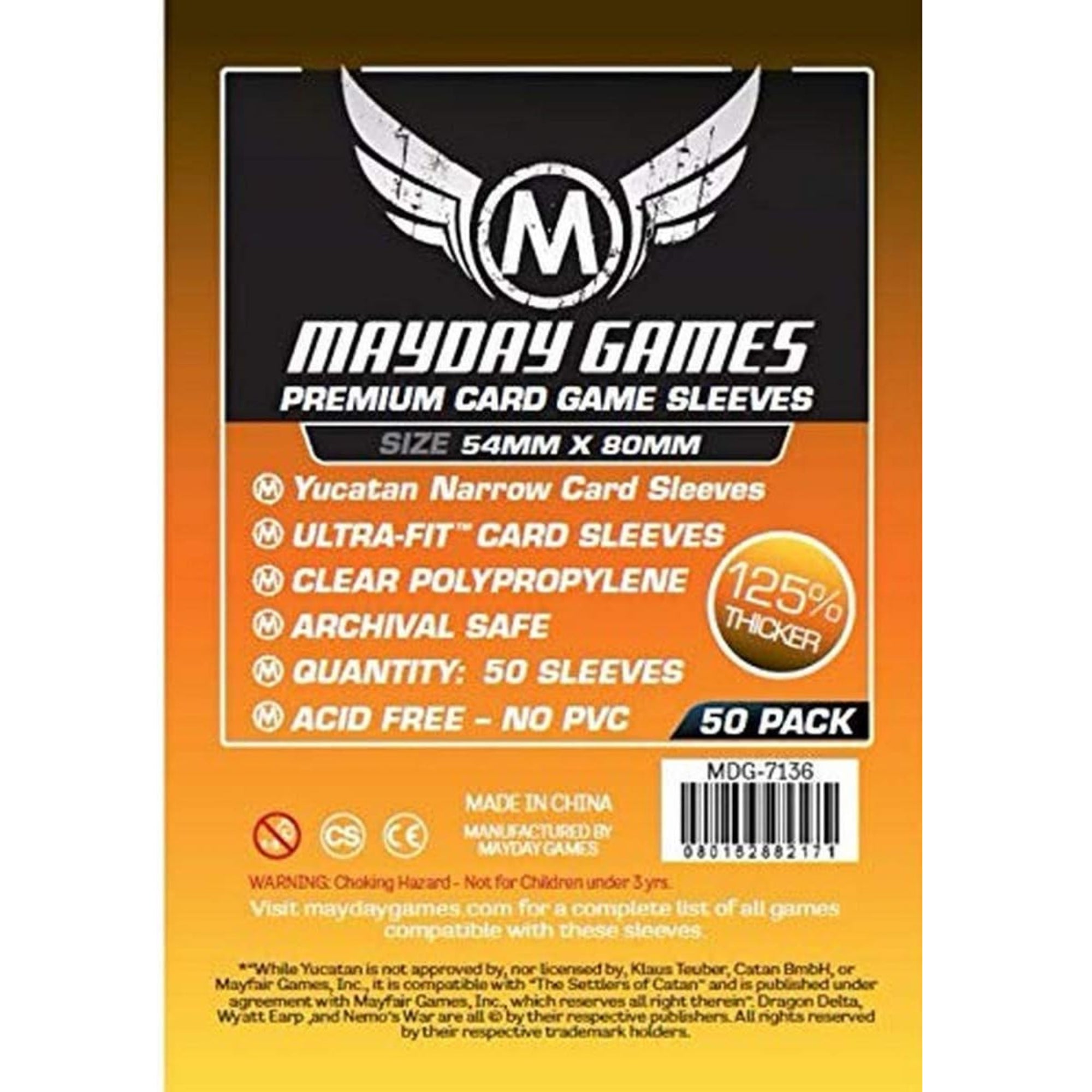 Mayday Yucatan Narrow Premium kártyavédő 50 db 54x80 mm csomagolás hátoldala, narancssárga dizájnnal, termékinformációkkal és vonalkóddal.