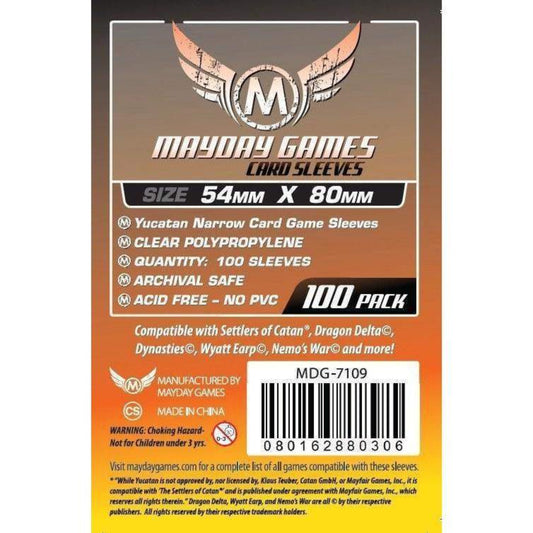Mayday Games Yucatan Narrow Card Sleeves (54x80 mm) – 100 db keskeny méretű kártyavédő csomagolás, átlátszó polipropilén anyagból, savmentes és PVC-mentes kivitelben, 100 darabos kiszerelésben.