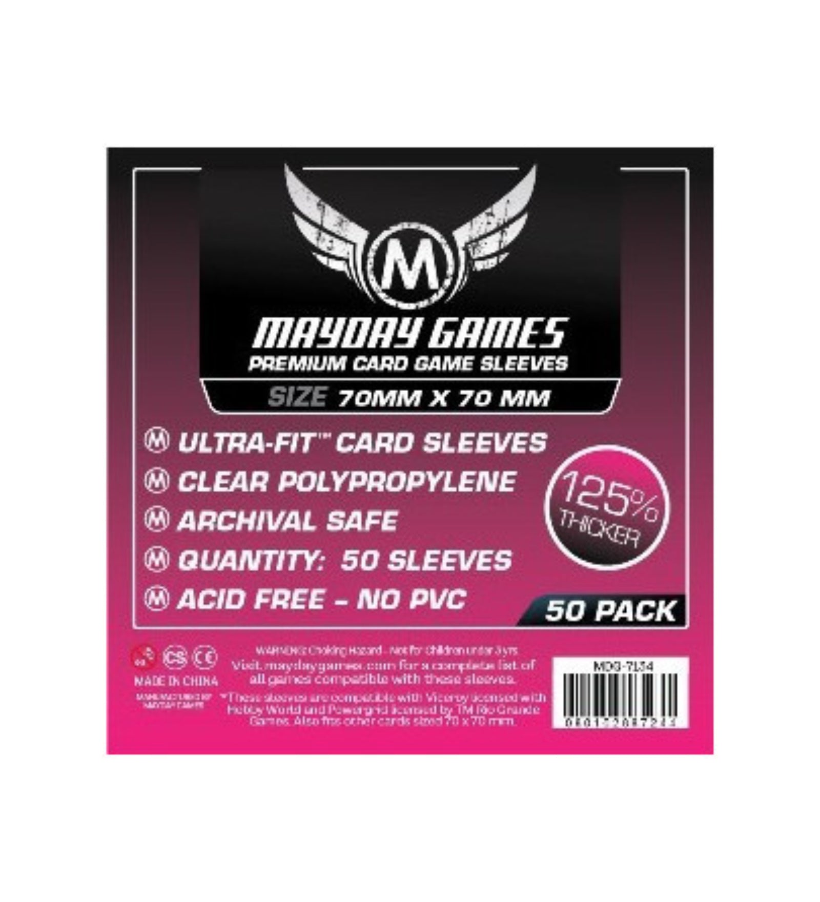 Mayday Games Premium Card Game Sleeves 70x70 mm 50 db kártyavédő csomagolás hátoldala, rózsaszín-fekete dizájnnal és termékinformációkkal.