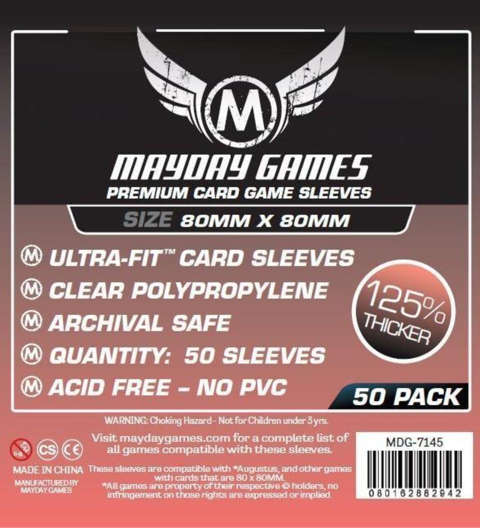 Mayday Games Premium Card Game Sleeves (80x80 mm) – 50 db négyzet alakú, 125%-kal vastagabb Ultra-Fit kártyavédő csomagolás, átlátszó polipropilén, savmentes és PVC-mentes kivitelben.