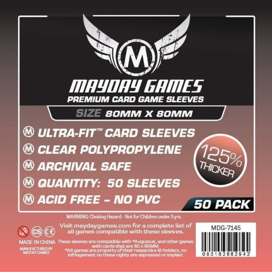 Mayday Games Premium Card Game Sleeves (80x80 mm) – 50 db négyzet alakú, 125%-kal vastagabb Ultra-Fit kártyavédő csomagolás, átlátszó polipropilén, savmentes és PVC-mentes kivitelben.