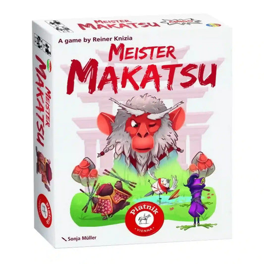 A Meister Makatsu társasjáték doboza japán ihletésű grafikával, középen egy tekintélyt parancsoló vörös arcú majommesterrel. A dobozon színes madár- és harcosfigurák jelennek meg, amelyek a játék taktikai és könnyed hangulatát idézik.
