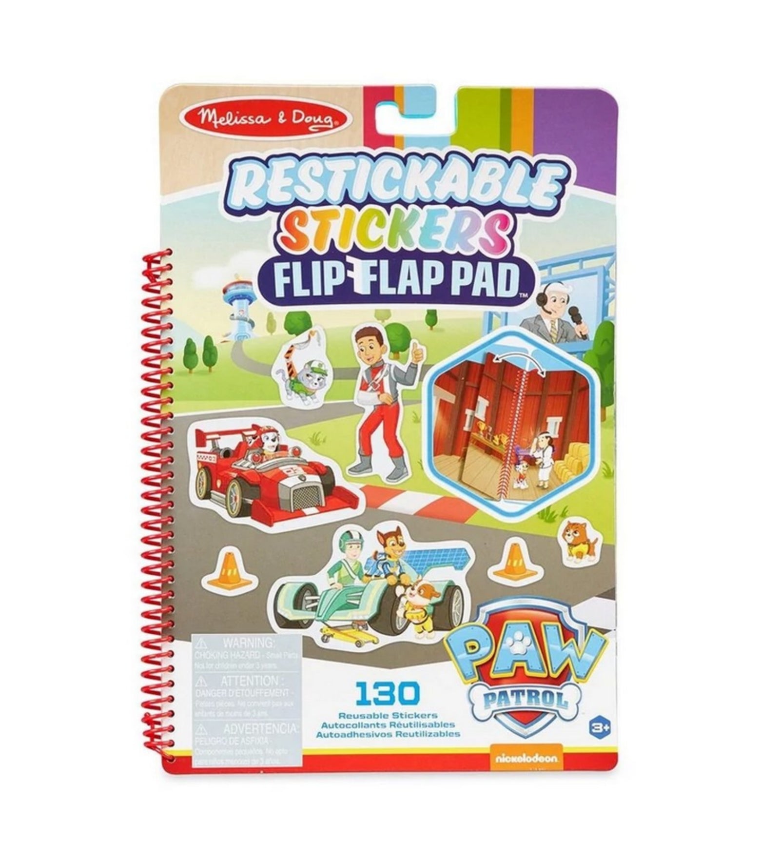 Melissa & Doug Mancs őrjárat újrahasználható matricás füzet borítója, színes grafikákkal és 130 matricát tartalmazó készlettel, spirálos kivitelben.