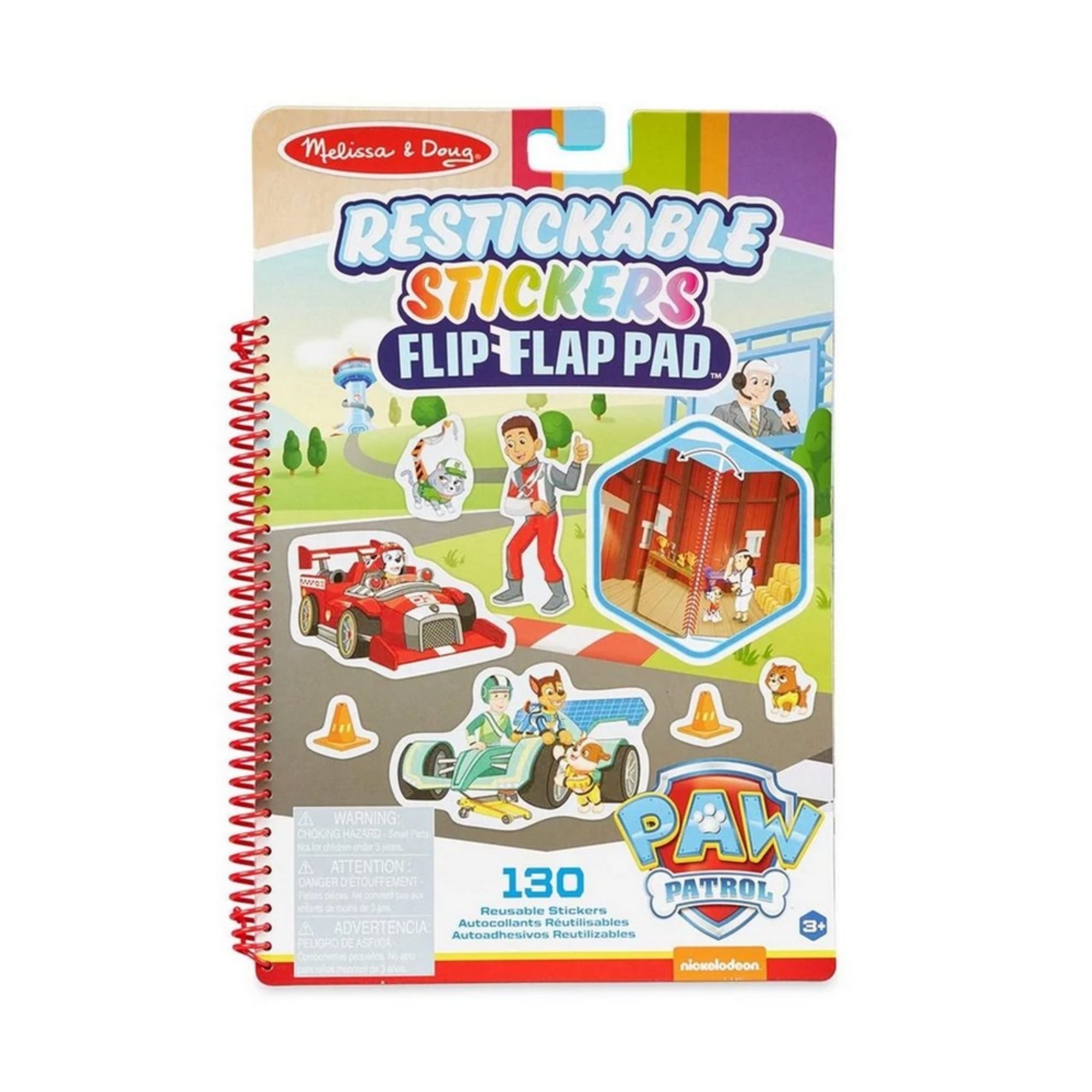 Melissa & Doug Mancs őrjárat újrahasználható matricás füzet borítója, színes grafikákkal és 130 matricát tartalmazó készlettel, spirálos kivitelben.