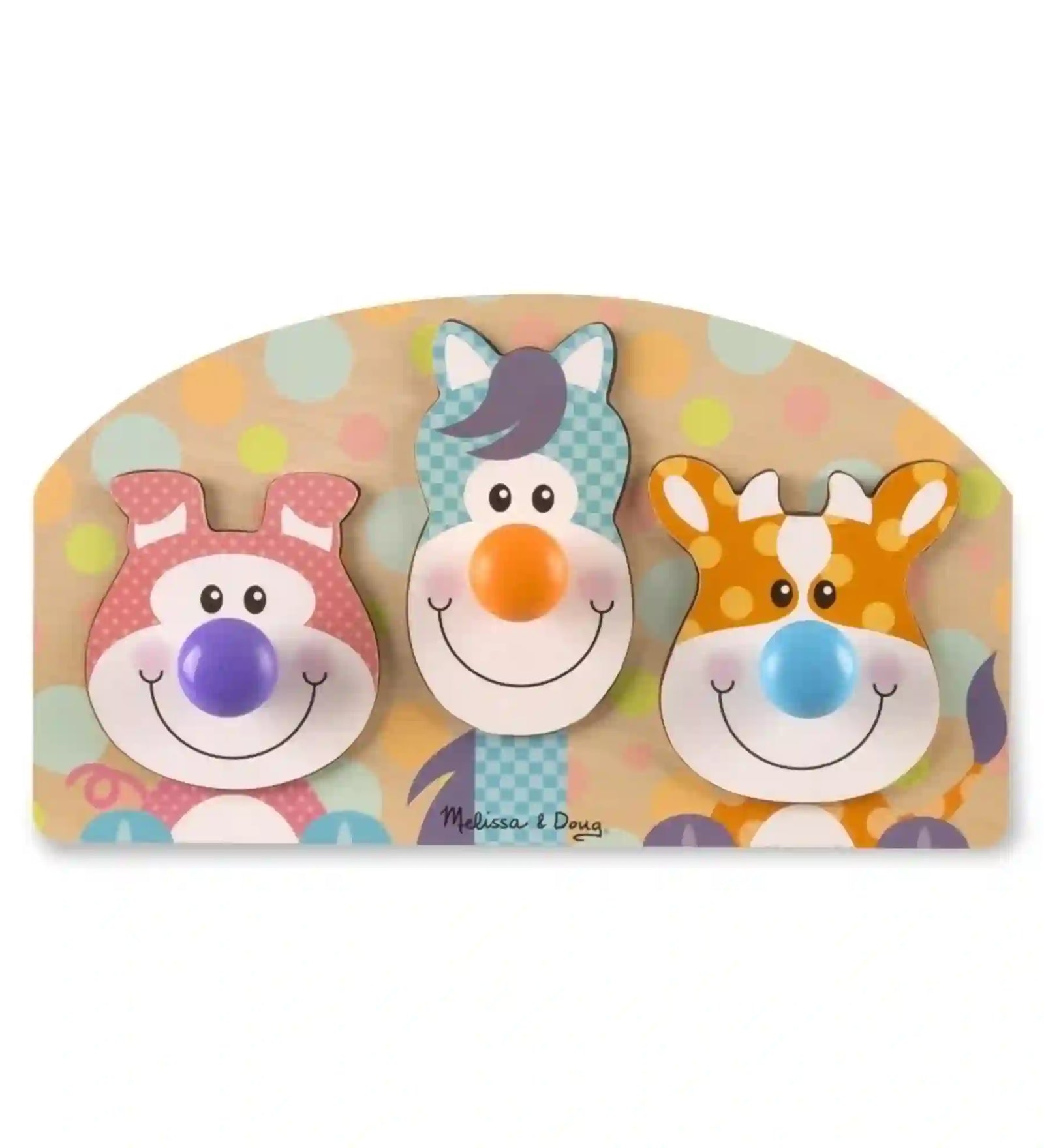Melissa & Doug First Play farm óriás gombos puzzle, három vidám állatfigurával és nagy, könnyen megfogható színes gombokkal.