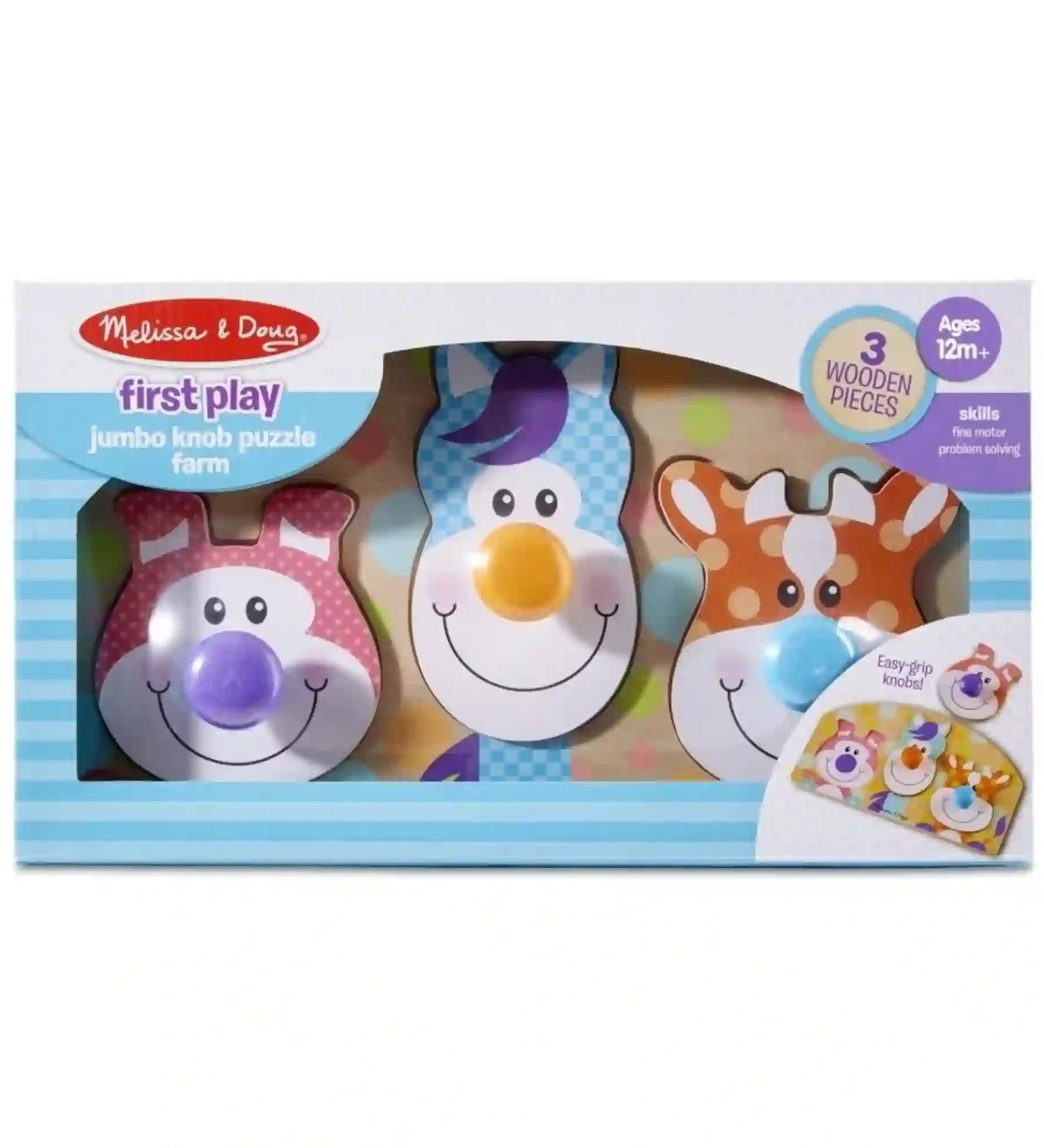 Melissa & Doug First Play farm óriás gombos puzzle doboz, amely bemutatja a három állatos mintát és a könnyen megfogható gombokat.