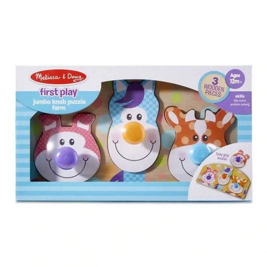 Melissa & Doug First Play farm óriás gombos puzzle doboz, amely bemutatja a három állatos mintát és a könnyen megfogható gombokat.