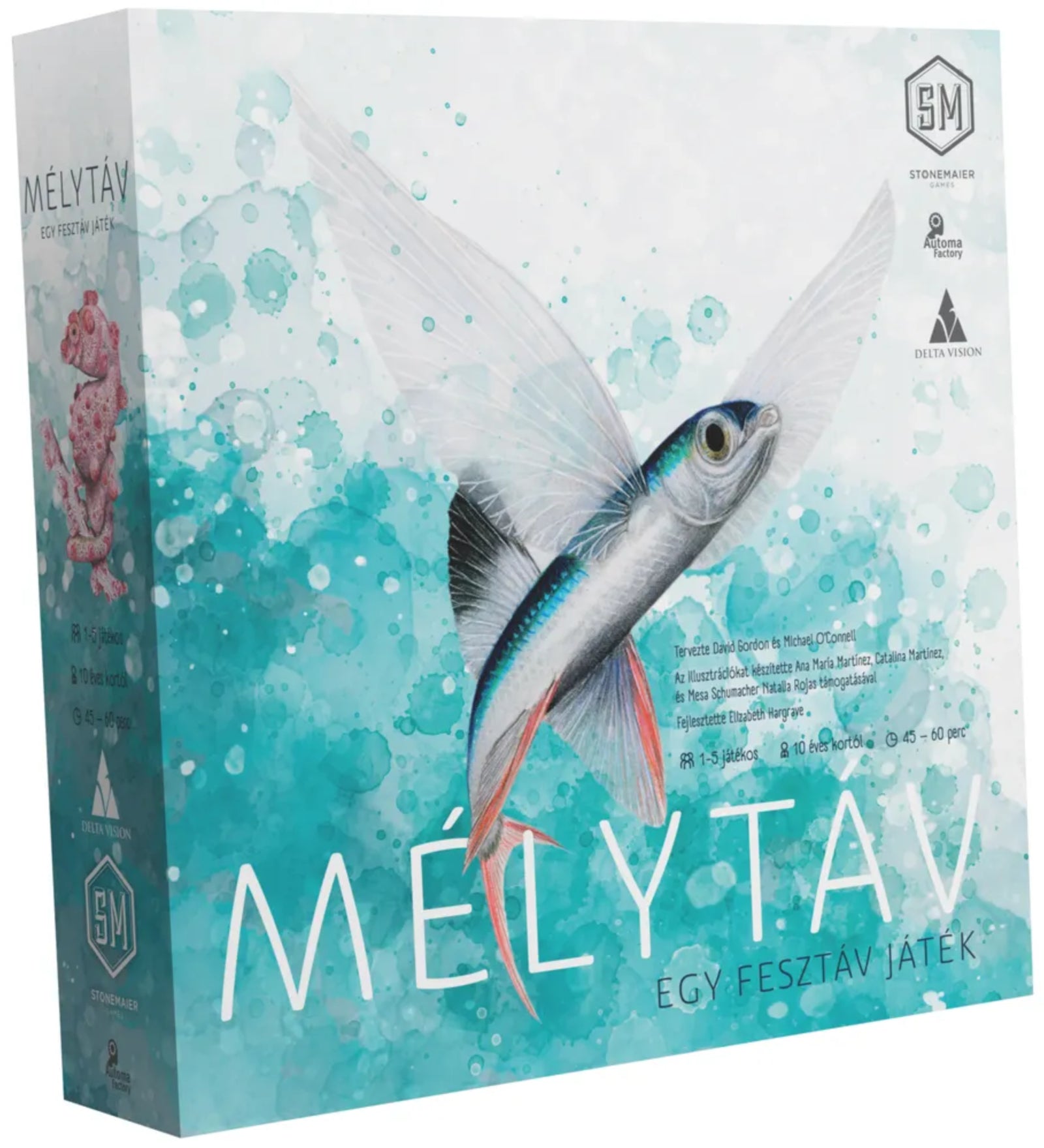 A Mélytáv társasjáték doboza, víz alatti hangulatot idéző, kékeszöld háttérrel, egy szárnyas hal illusztrációjával a középpontban.