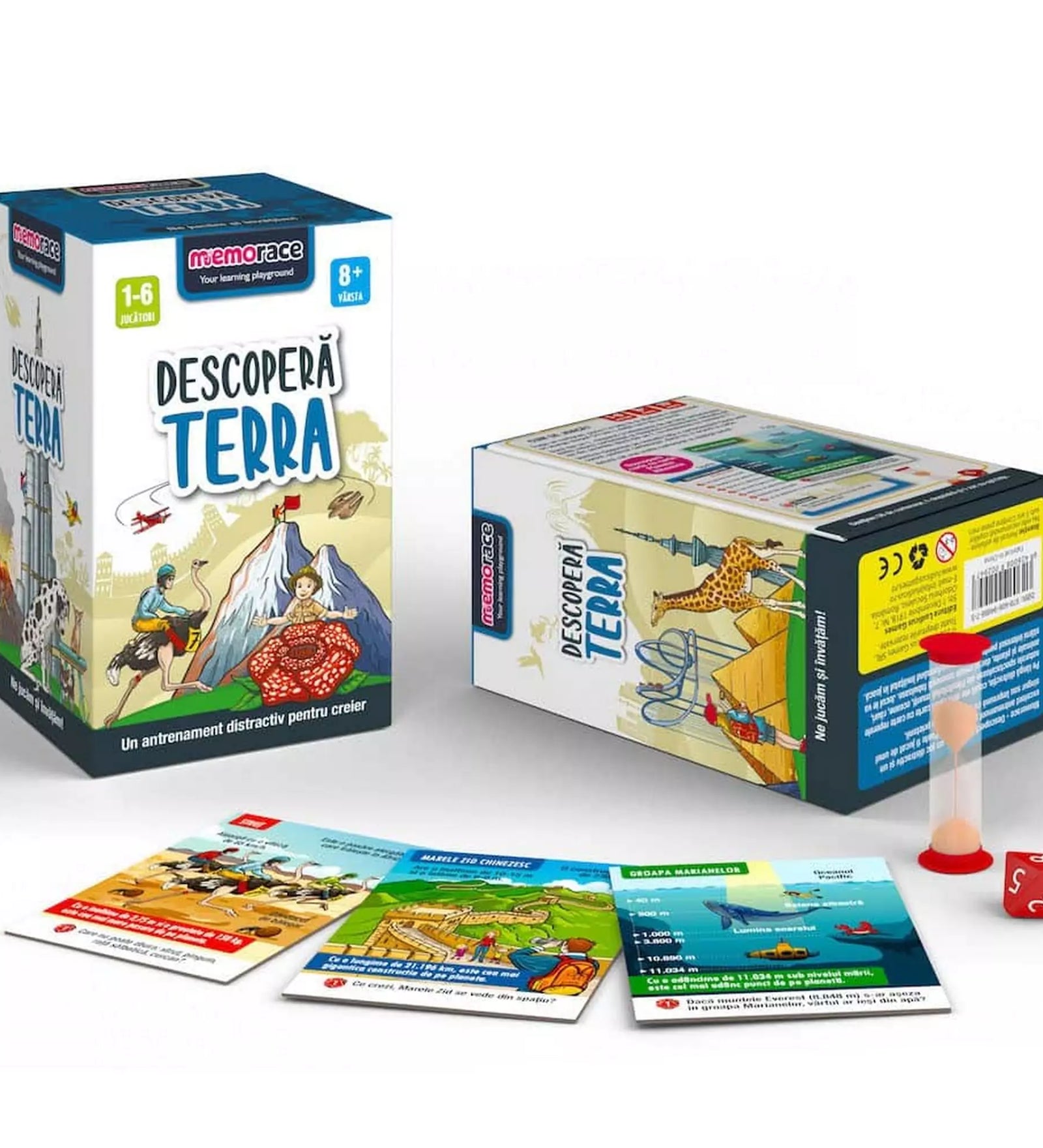 Memorace - Descoperă Terra: A doboz oldala, az oktató játék kártyáival és a tartozékokkal, amelyek segítik a gyerekeket a Föld csodáinak felfedezésében.