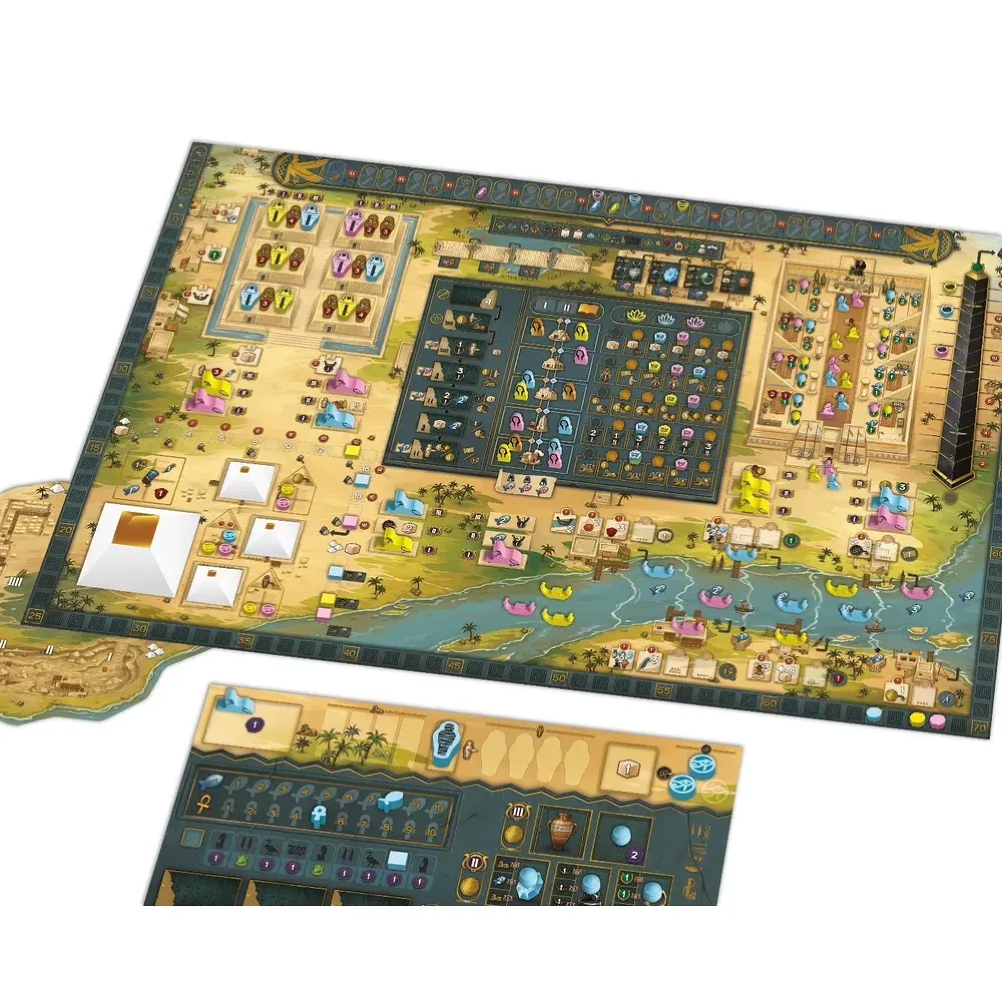 A Men Nefer társasjáték részletes játéktáblája, amely ókori egyiptomi tematikájú elemeket, piramisokat, templomokat és a Nílus menti területeket ábrázolja.