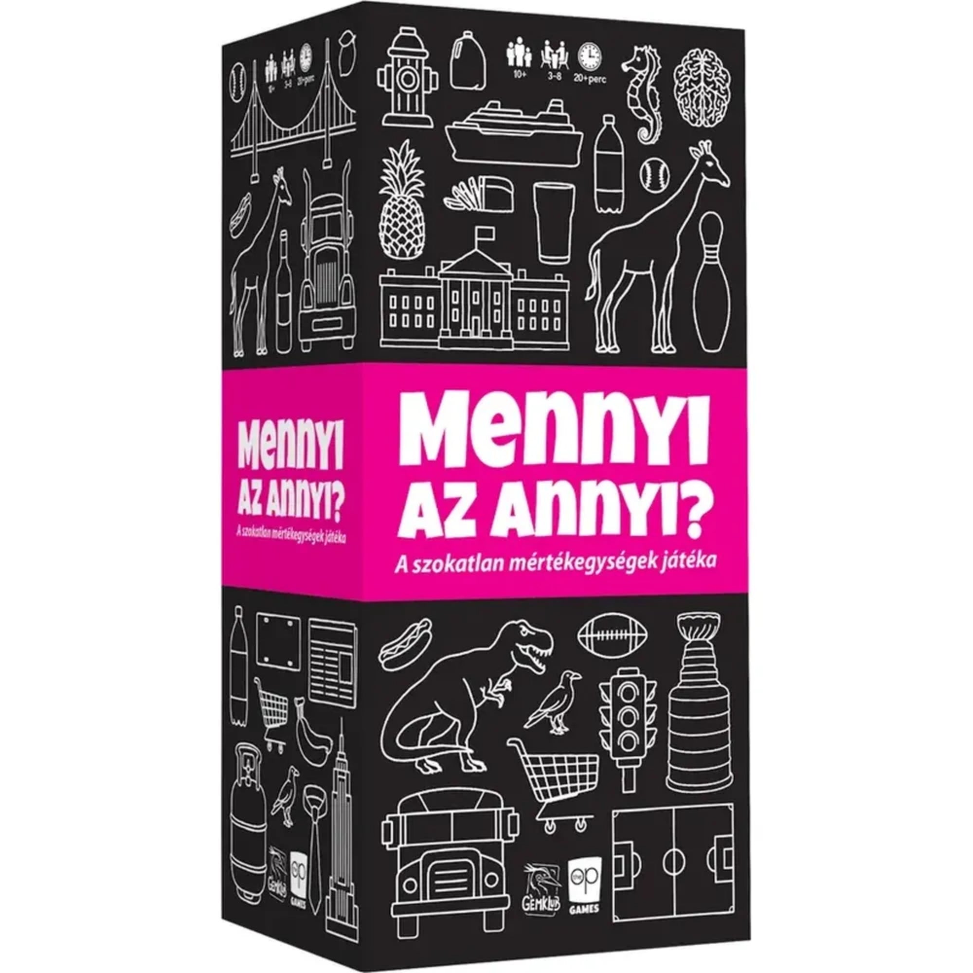 A Mennyi az annyi? társasjáték fekete-rózsaszín doboza ikonokkal és a felirattal: A szokatlan mértékegységek játéka.
