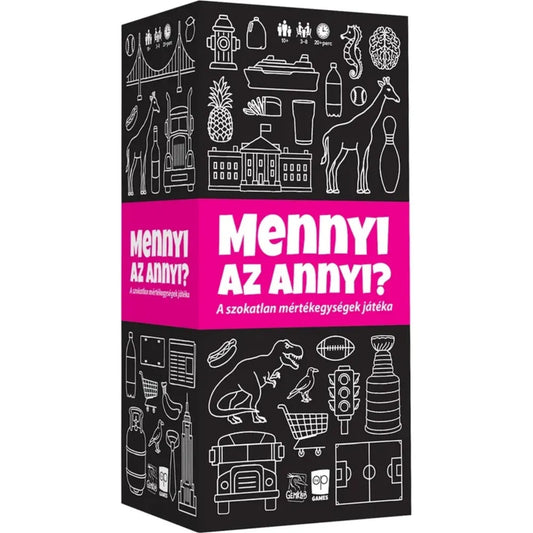 A Mennyi az annyi? társasjáték fekete-rózsaszín doboza ikonokkal és a felirattal: A szokatlan mértékegységek játéka.