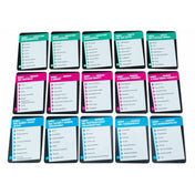 A Mennyi az annyi? társasjáték kérdéskártyái különböző kategóriákkal, példákkal és mértékegységeket firtató kérdésekkel.