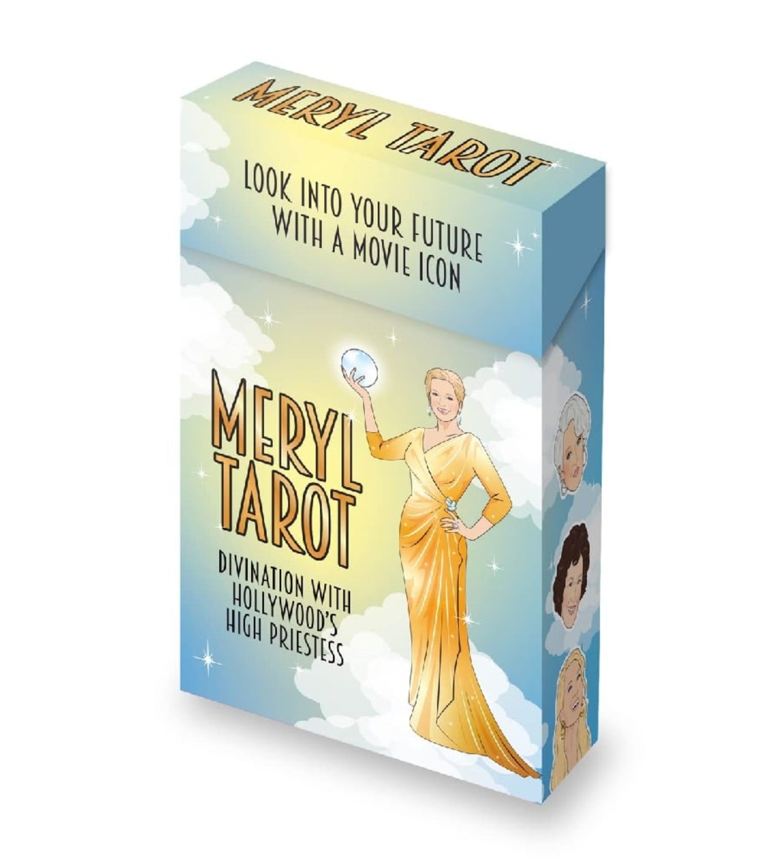 A képen a „Meryl Tarot” nevű tarotkártya csomag látható, amely Hollywood ikonikus alakját, Meryl Streepet idézi meg. A doboz elején egy rajzolt Meryl figura szerepel arany ruhában, kristálygömböt tartva, mintha ő lenne a jövőbe látó papnő. A feliratok azt ígérik: „Look into your future with a movie icon” és „Divination with Hollywood’s High Priestess”. A csomag dizájnja csillagokkal, felhőkkel és további ikonikus szerepeket megidéző portrékkal van díszítve, utalva Meryl sokoldalú filmes karrierjére. 