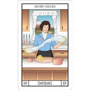 A képen a Meryl Tarot pakli „Temperance” (Mértékletesség) nevű lapja látható, amelyen Julia Child szerepel, a „Julie & Julia” című filmből ismert karakter. A kártya illusztrációja egy konyhai jelenetet ábrázol, ahol Julia mosolyogva kever egy átlátszó folyadékot két edény között, szimbolizálva az egyensúlyt és harmóniát. Az asztalon sajt, lábasok, a háttérben hegyek és egy korona díszíti az ablakon túli tájat, utalva a belső béke és mesterségbeli tudás „megkoronázására”. 
